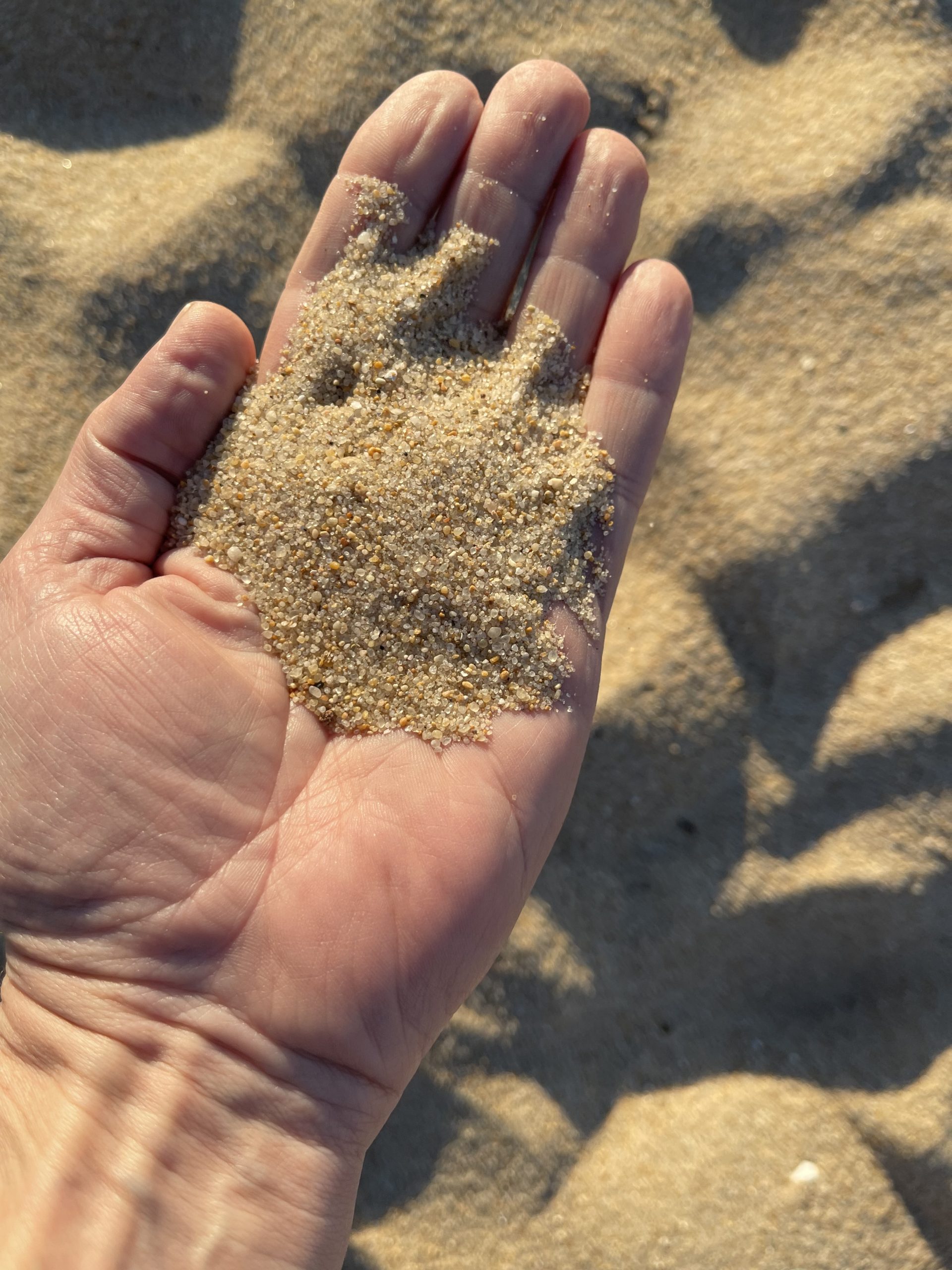 Picture of a handfull of golden sand in the afternoon sun, held close above the background of the beach itself.